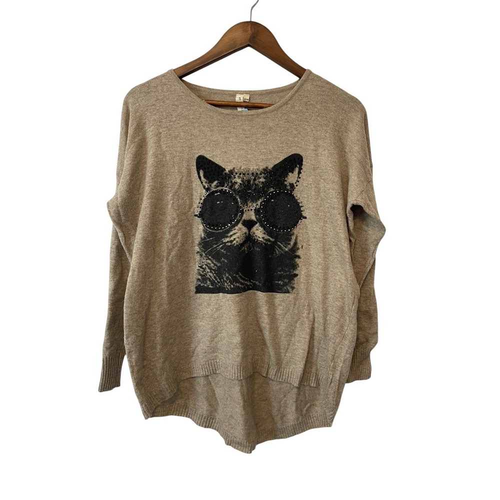 Women's Quirky Cat Print Wool Blend‎ Sweater Size M Embellished